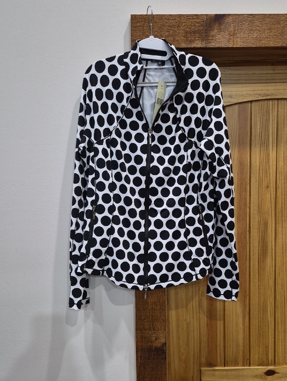 Bylyse Black & White Polka Dot Zip-Up Yoga Workout Jacket Shirt Size Large
